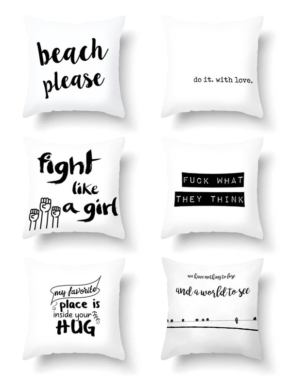 1pc Slogan Print Cushion Cover Without Filler, Black and white