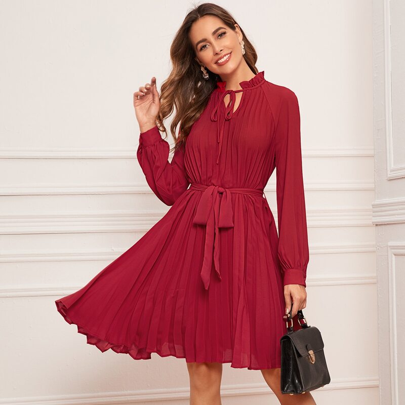

Tie Neck Self Belted Raglan Sleeve Pleated Dress, Red