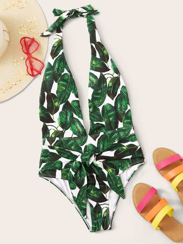 

Tropical Knot Front Halter One Piece Swimwear, Green