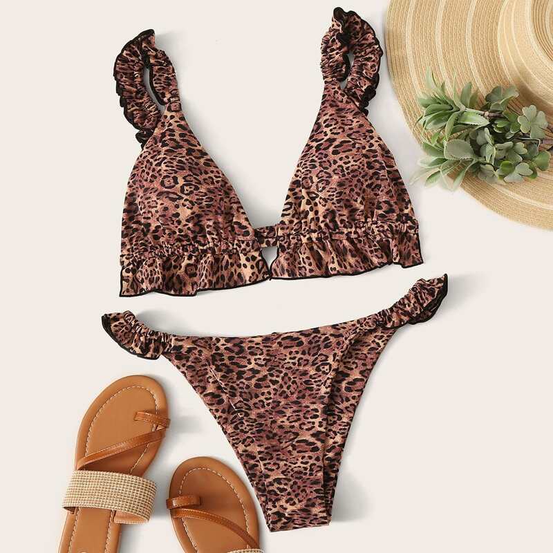 

Leopard Triangle Top With High Cut Bikini Set, Multicolor