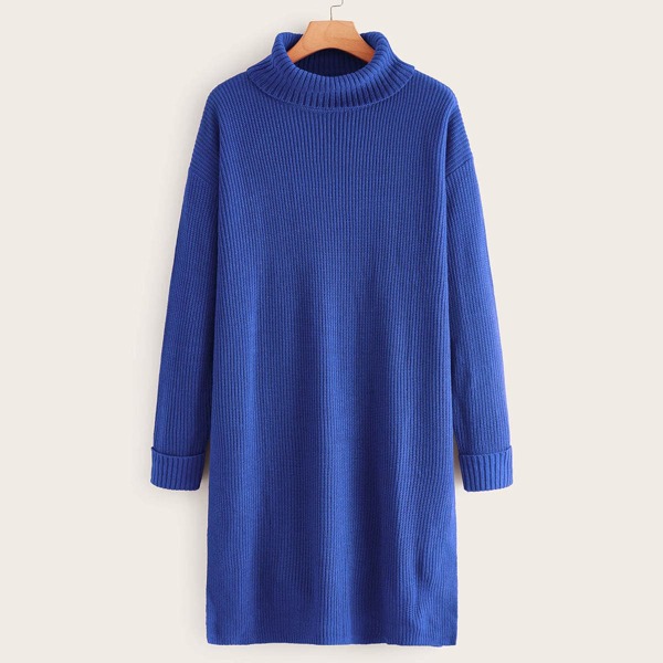 

Solid Turtle Neck Drop Shoulder Sweater Dress, Blue bright