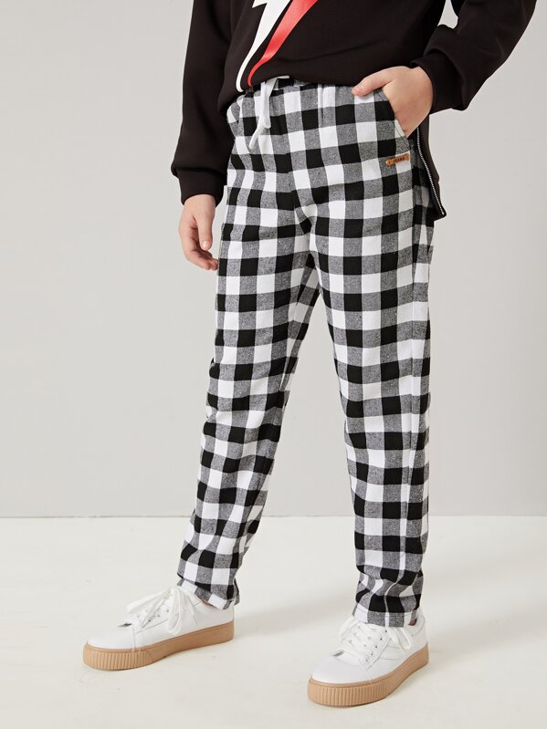 

Boys Tie Waist Patched Detail Buffalo Plaid Pants, Black and white, Misha O
