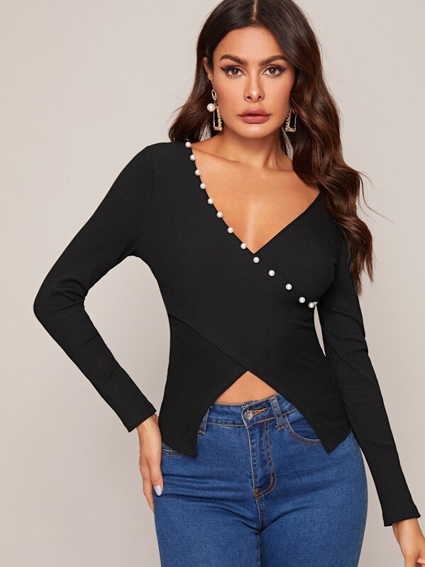 

Pearl Beaded Cross Wrap Rib-knit Top, Black, Andy