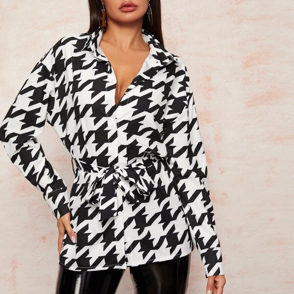 

Houndstooth Print Button Through Belted Blouse, Black and white