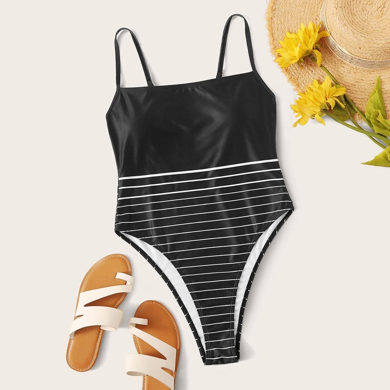 Striped One Piece Swimwear, Black