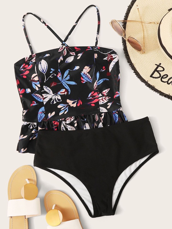 

Floral Random Print Ruffle Hem Tankini, Black