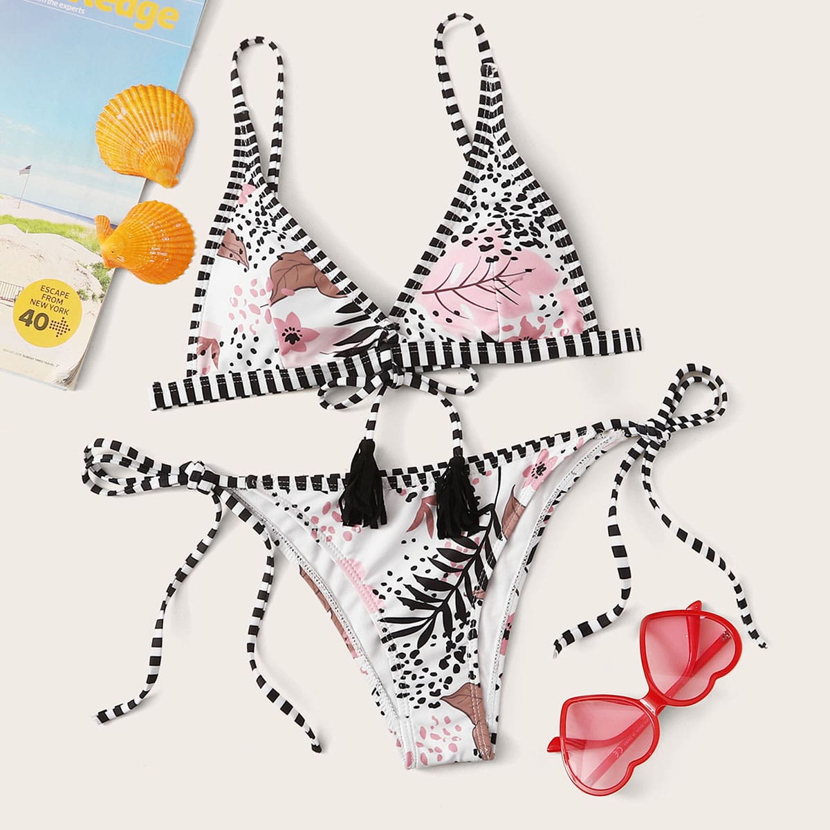 

Plant Print Contrast Binding Triangle Top With Tie Side Bikini, Multicolor
