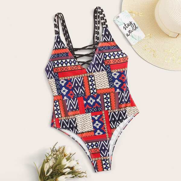 

Geo Random Print Criss Cross One Piece Swimwear, Multicolor