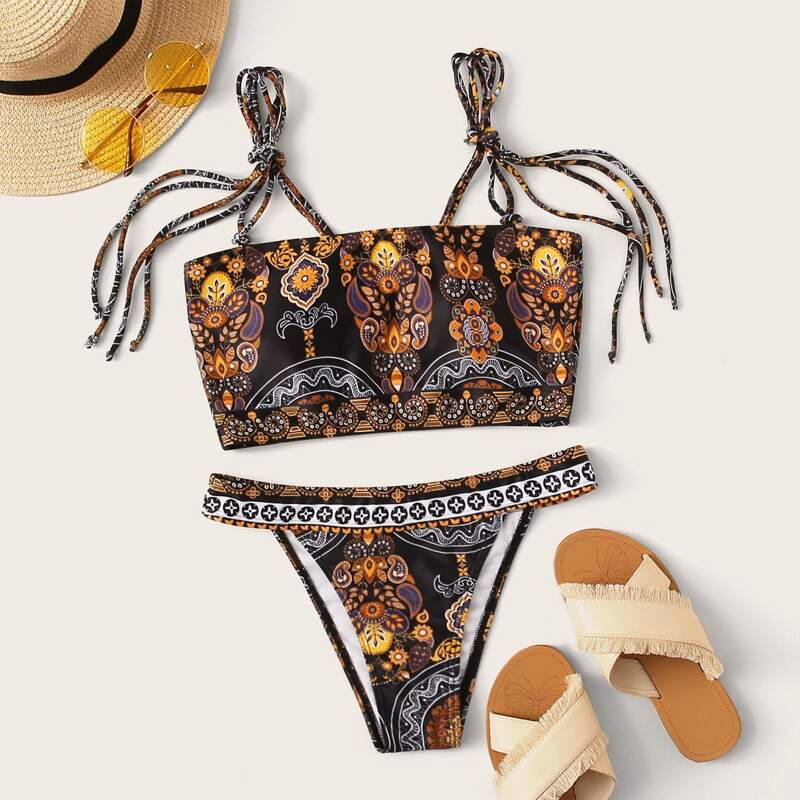 

Tribal Tie Shoulder Thong Bikini Swimsuit, Multicolor
