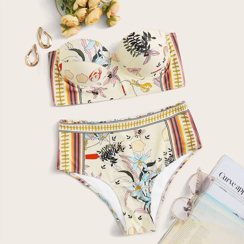 

Floral Print Underwire Bandeau With High Waist Bikini Set, Multicolor
