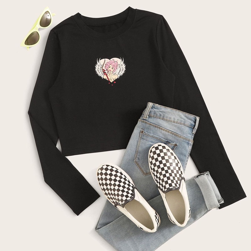 

Angel Print Long Sleeve Crop Tee, Black