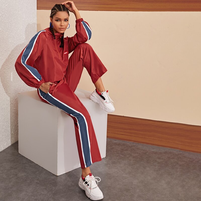 

Contrast Panel Windbreaker Jacket & Straight Leg Pants, Red