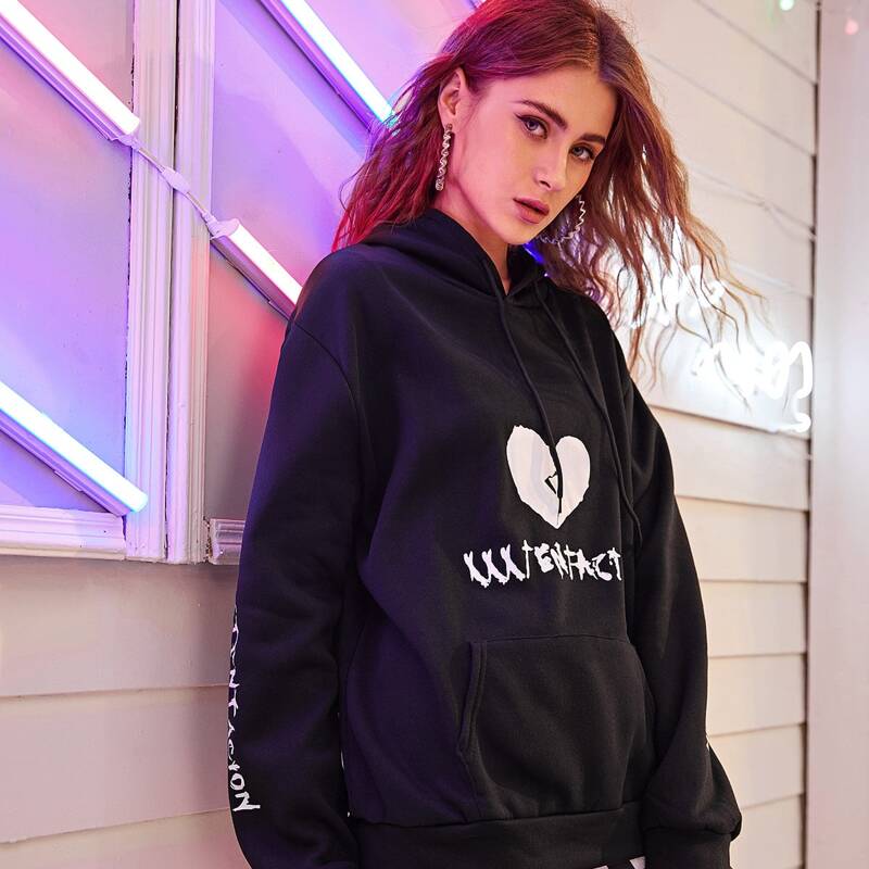 

Letter And Heart Print Drawstring Hoodie, Black