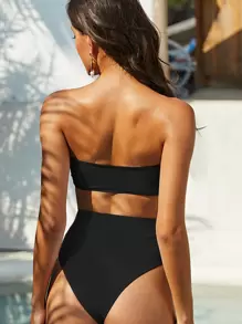 Cut Out Bandeau High Waisted Bikini Set Summer Beach - Black - View 2