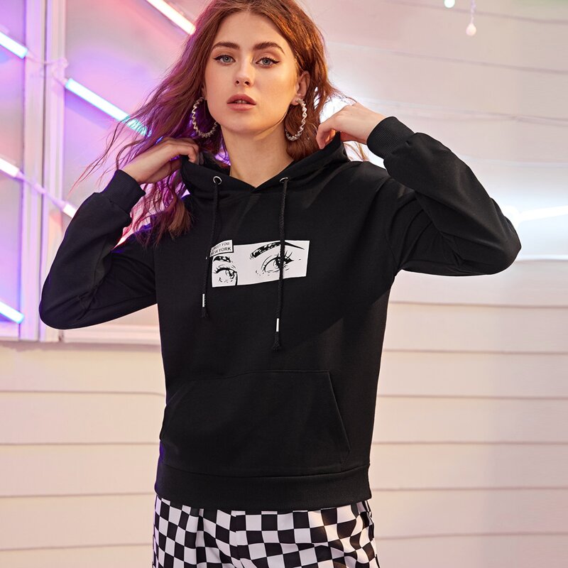 

Figure Print Kangaroo Pocket Drawstring Hoodie, Black