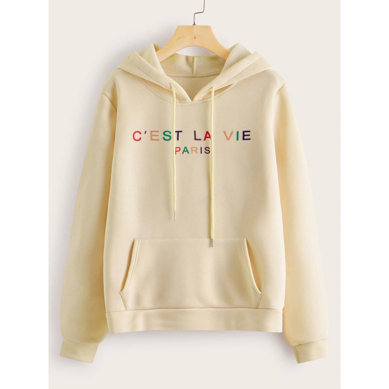 

Letter Graphic Kangaroo Pocket Hoodie, Beige