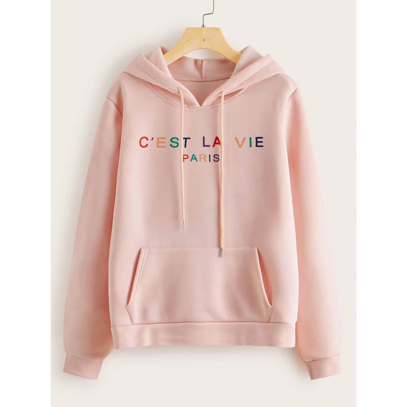 

Letter Graphic Kangaroo Pocket Drawstring Hoodie, Pink