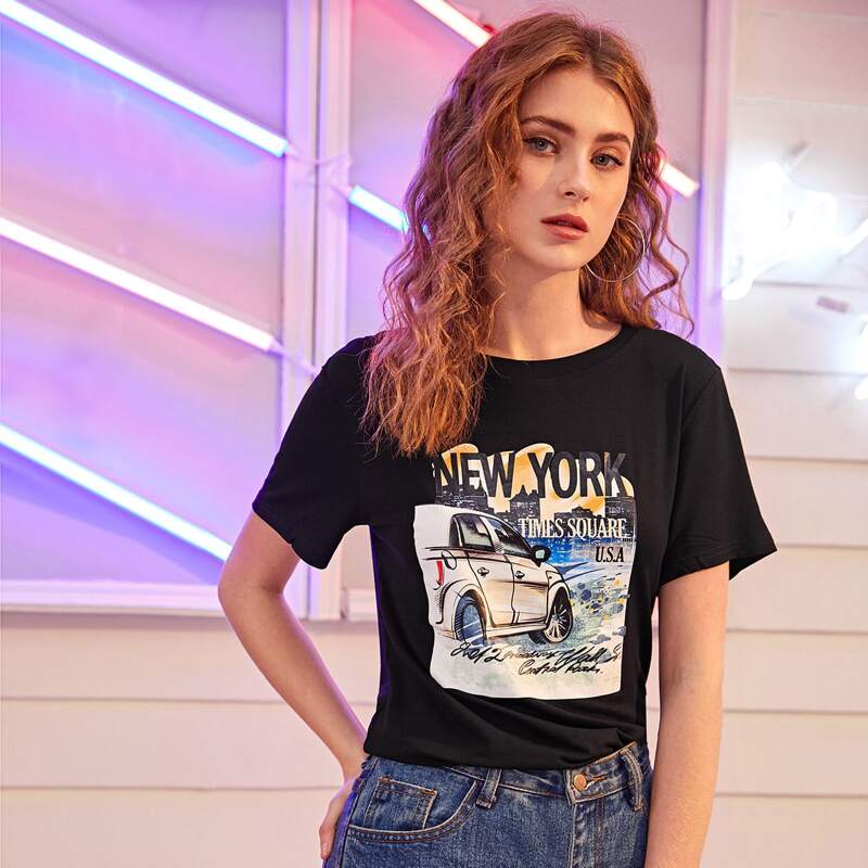 

Car & Letter Graphic Short Sleeve Tee, Black