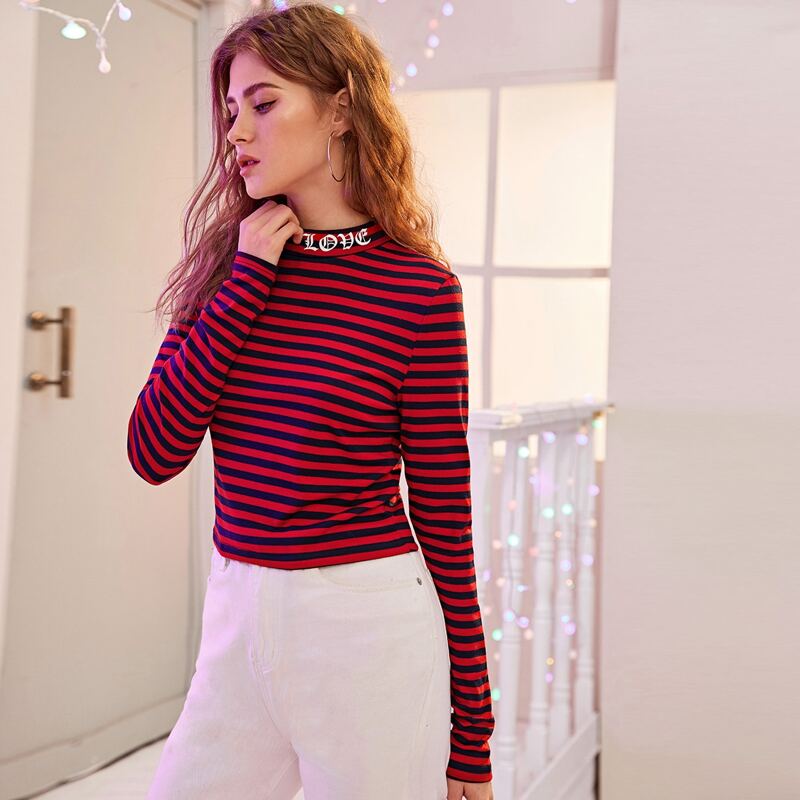

Striped Stand Collar Fitted Tee, Red