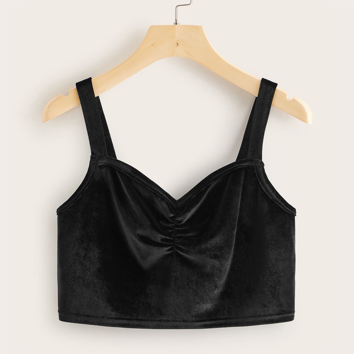 

Ruched Solid Velvet Cami Top, Black