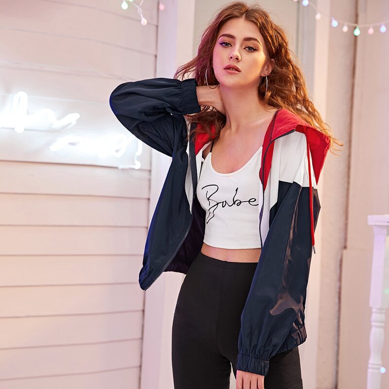 

Cut And Sew Panel Drawstring Hooded Windbreaker Jacket, Multicolor