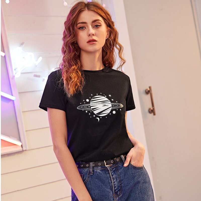 

Planet Print Round Neck Tee, Black