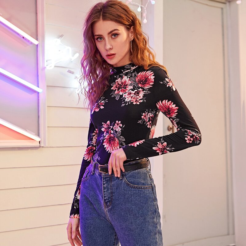 

Floral Print Stand Collar Top, Black