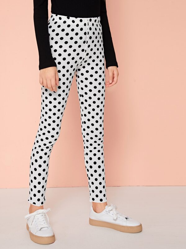 

Girls Polka Dot Print Leggings, Black and white, Sashab