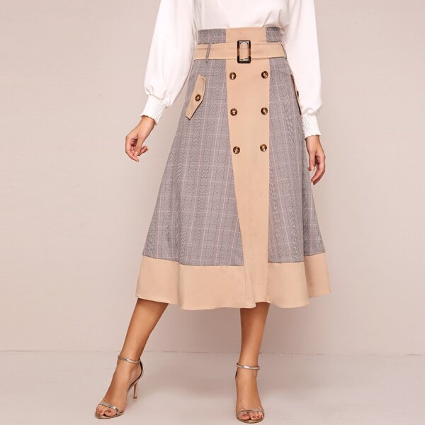 

Two Tone Belted Double Button Skirt, Multicolor