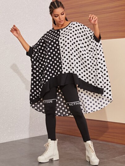 Two Tone Polka Dot Print High Low Blouse