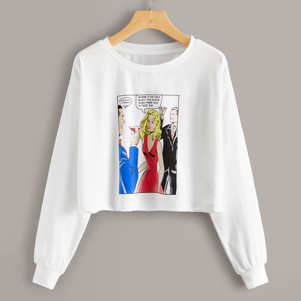 

Slogan & Figure Print Crop Tee, White