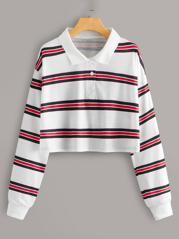 

Striped Polo Neck Crop Tee, White