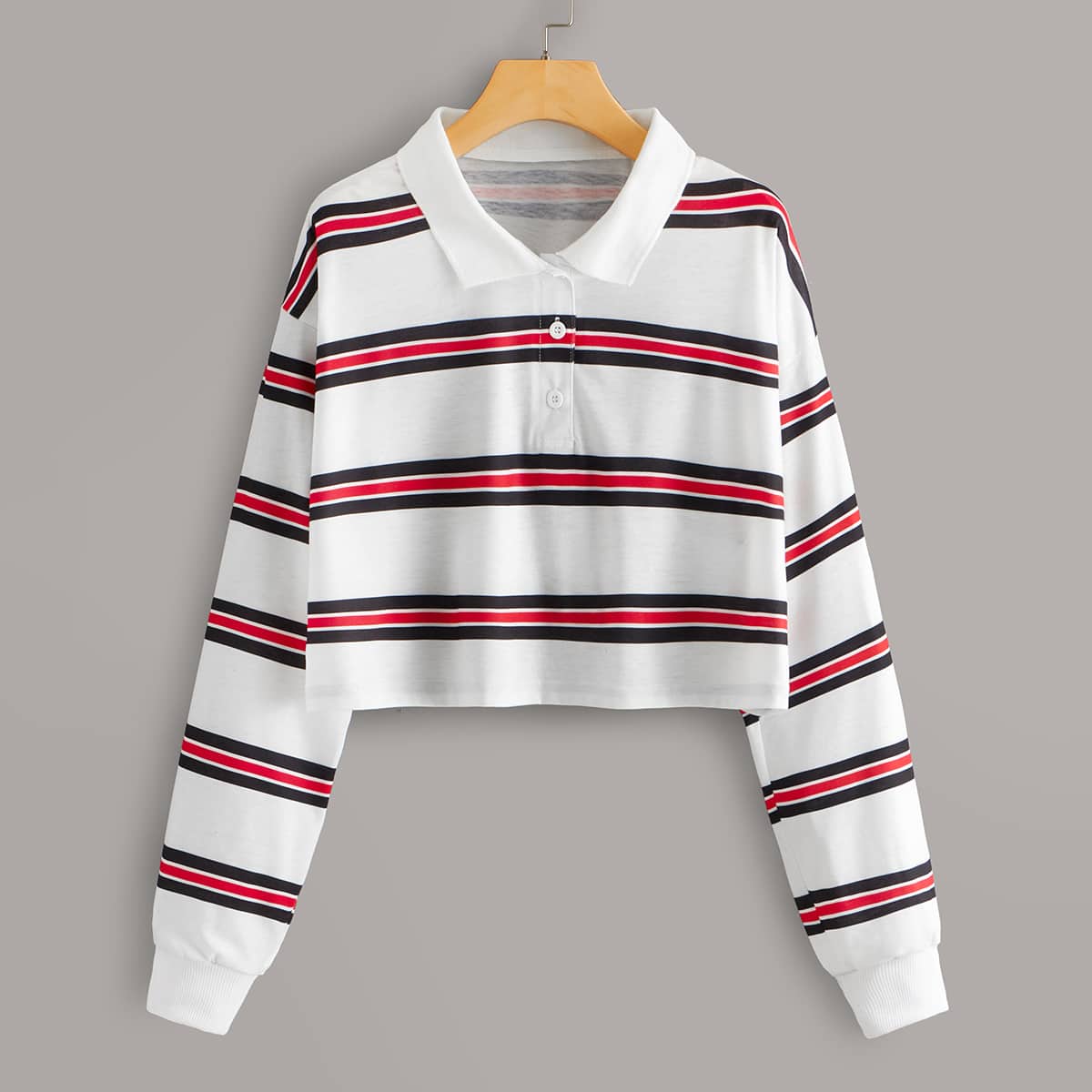 

Striped Crop Polo Shirt, White