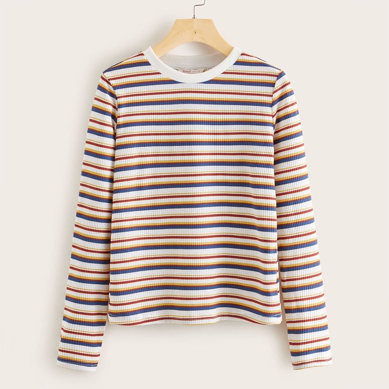 

Striped Rib-knit Long Sleeve Tee, Multicolor