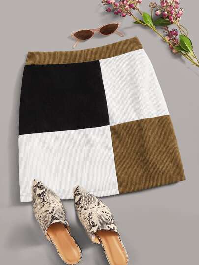 Patchwork Color-Block Zip Back Corduroy Skirt