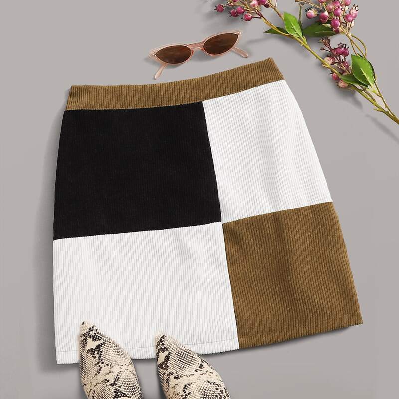 

Patchwork Color-Block Zip Back Corduroy Skirt, Multicolor