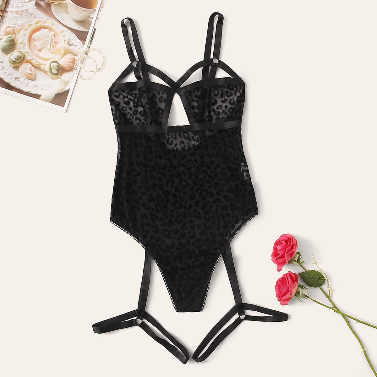 

Leopard Sheer Mesh Garter Teddy Bodysuit, Black