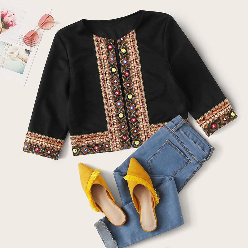 

Embroidered Tribal Tape Open Front Jacket, Black
