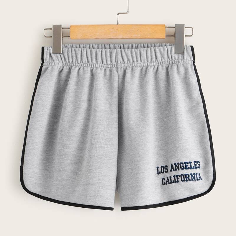 

Contrast Binding Letter Embroidery Track Shorts, Grey