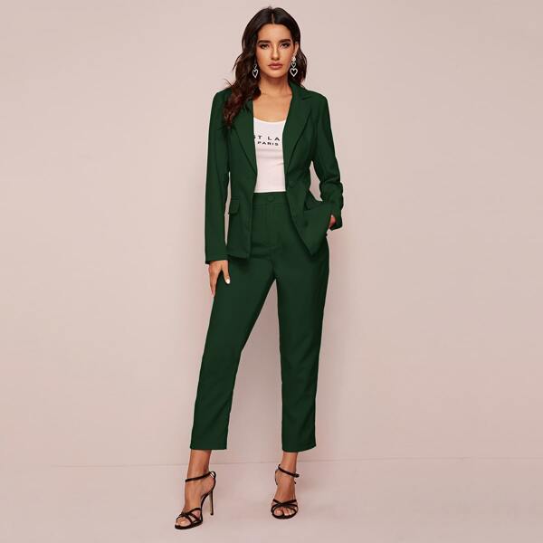 

Single Button Blazer And Tailored Pants Set, Green