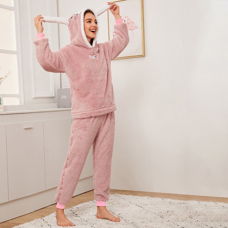 

Cartoon Shaped Plush Hooded PJ Set, Pink