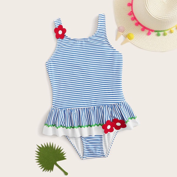 

Toddler Girls Striped Floral Appliques One Piece Swimwear, Blue