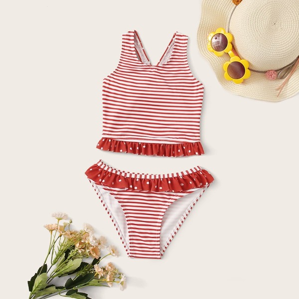 

Toddler Girls Striped Ruffle Trim Bikini Set, Red
