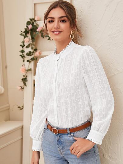 Solid Stand Collar Button Through Mesh Blouse