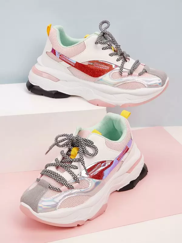 Color Block Holographic Lace-up Front Chunky Sneakers