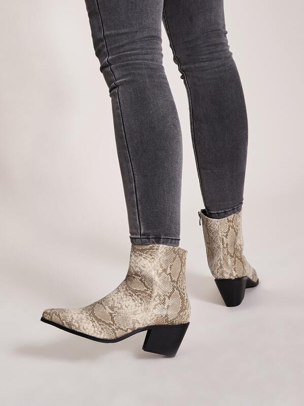 

Point Toe Snakeskin Print Chunky Boots, Multicolor