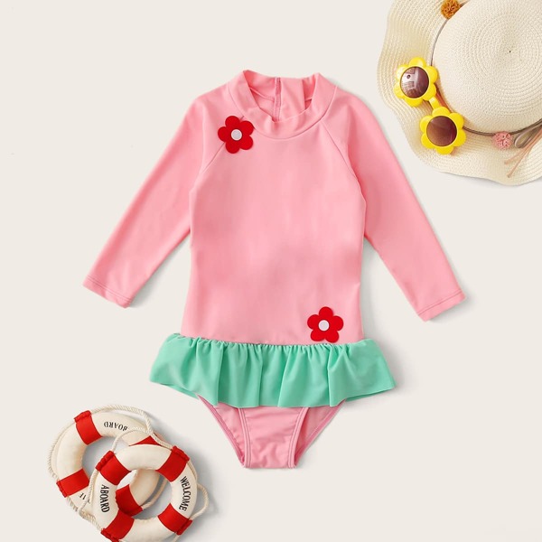 

Toddler Girls Long Sleeve Peplum One Piece Swimwear, Pink