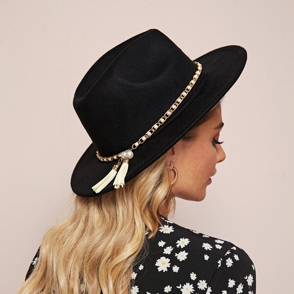 

Tassel Charm Faux Pearl Chain Belt Decor Floppy Hat, Black