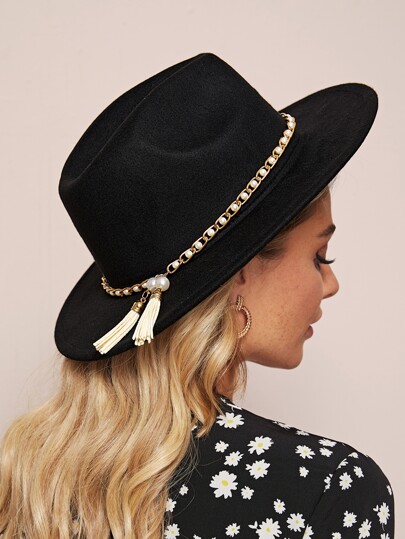 Tassel Charm Faux Pearl Chain Belt Decor Floppy Hat