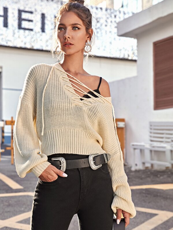 

Drop Shoulder Lace Up Front Solid Jumper, Beige, Debi Cruz